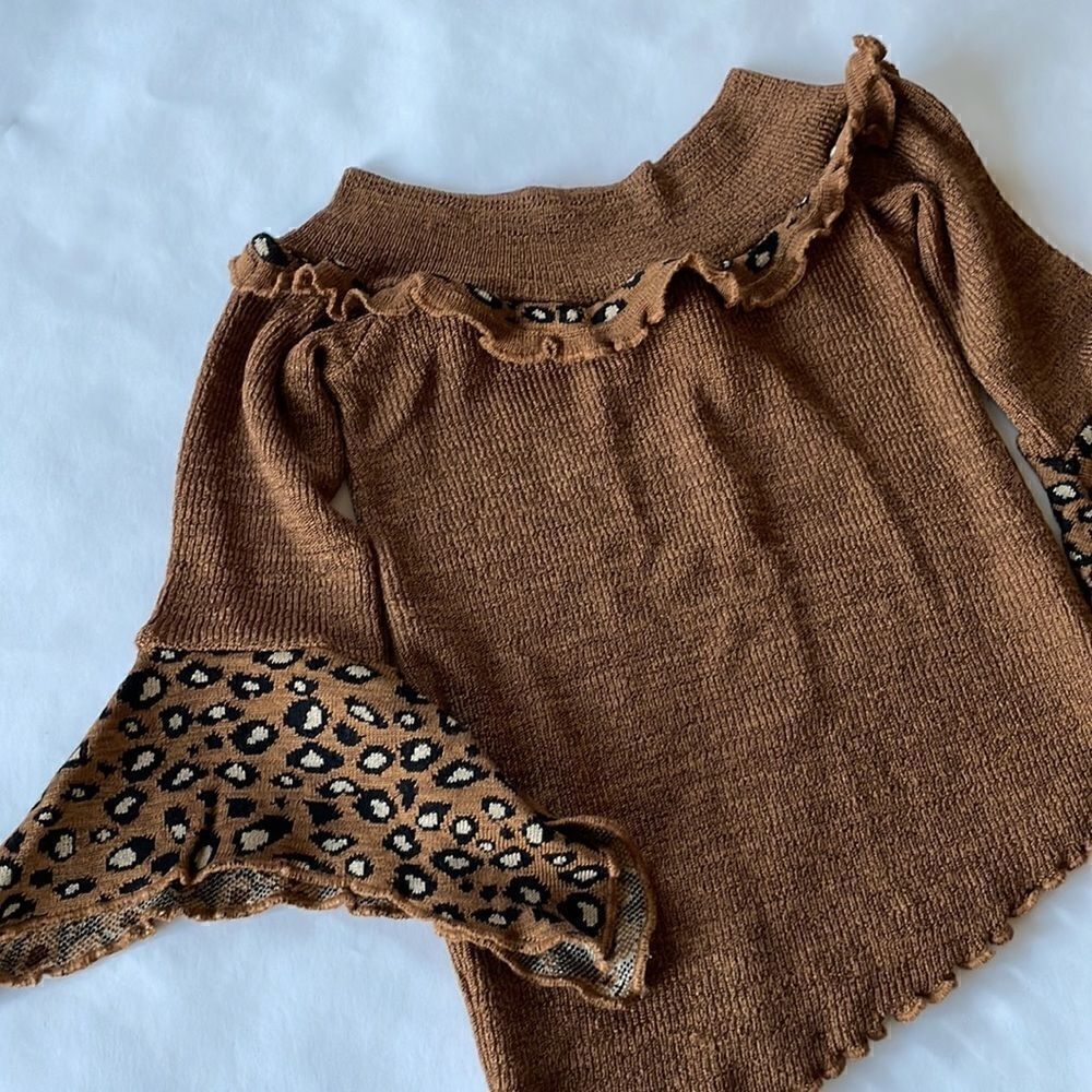 French Asymmetrical Sweater with Bell Sleeves, Wide Collar, Animal Print